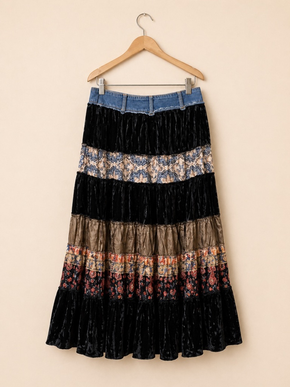 Boho Tiered Velvet Patchwork Maxi Skirt Denim Waist Cottagecore Festival Large - Picture 3 of 7